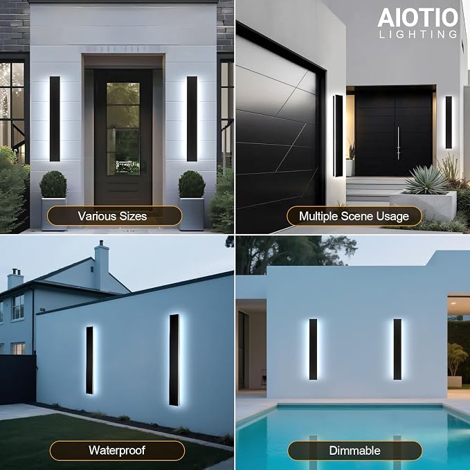 47.2in 2pcs Outdoor Wall Light Exterior,AioTio Black Long LED Outdoor Wall Light Fixtures Wall Mount,Upgraded 4.72in Wide Dimmable IP65 Waterproof Modern Porch Lights Wall Sconce for Garage,Courtyard