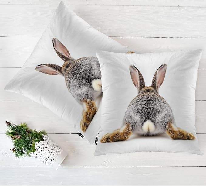 Swono Rabbit Square Pillow Covers Cushion Covers, Funny Bunny Tail 18 X 18 Inch Set of 2 Throw Pillow Cover Gray Rabbit Pillowcases Home Decorative for Couch Sofa Car Bedroom, No Insert