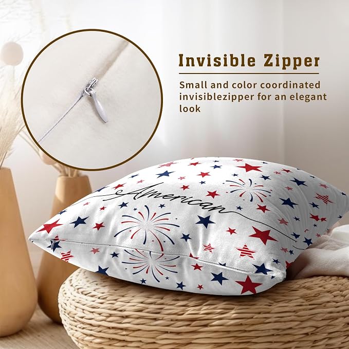 4th of July Pillow Covers 18x18 Inch Set of 2 Patriotic Red White Blue Summer Outdoor Throw Pillow Covers,Independence Memorial Day USA Flag Cushion Case for Sofa Couch Decor