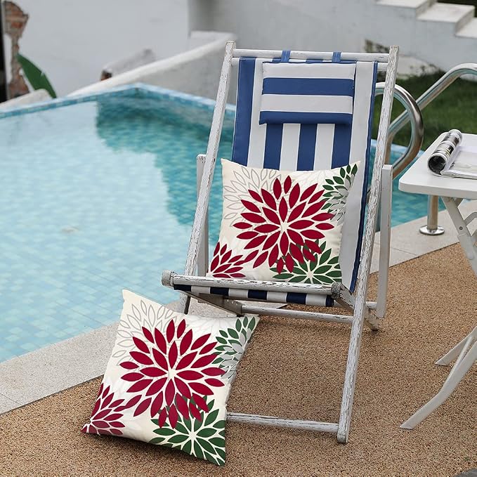 DFXSZ Outdoor Waterproof Pillow Covers 16x16 Set of 2 Red Dark Green Flower | Spring Summer Waterproof Flower Throw Pillowcases（No Inserts）Decor for Christmas Patio Funiture Garden Polyester Covers