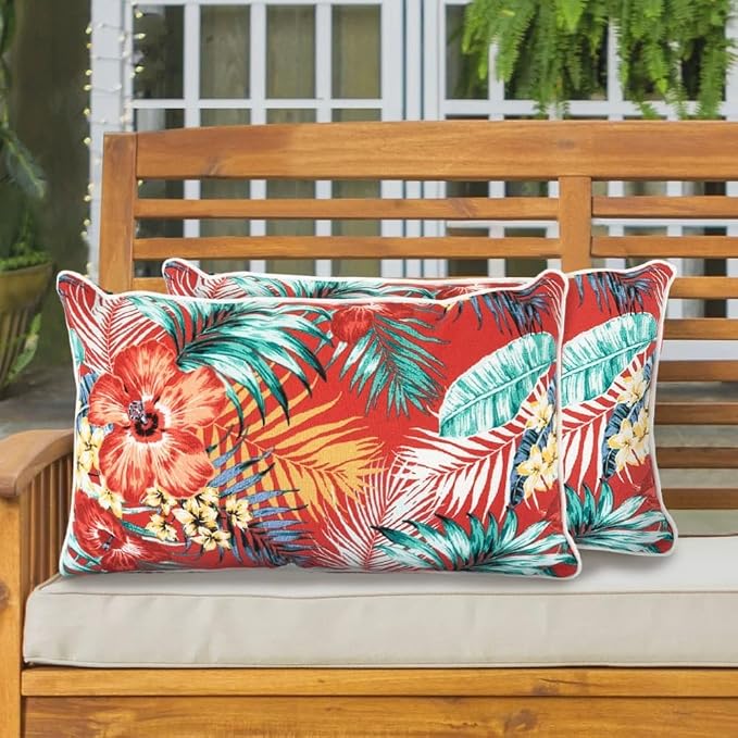 Lumbar Pillow Covers Set of 2, Outdoor Indoor Waterproof Decorative Patio Lumbar Pillowcase Shell 12x20 Inch, Rectangular Cushion Case for Couch Sofa Garden Farmhouse-Chili Red Floral