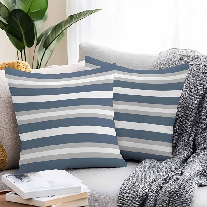 Haze Blue Stripe Outdoor Pillow Covers Waterproof, All Weather Cushion Case Set of 2, Farmhouse Blue Gray Striped Decorative Pillowcases for Sofa Couch Bed Decor Patio Furniture 18"x18"