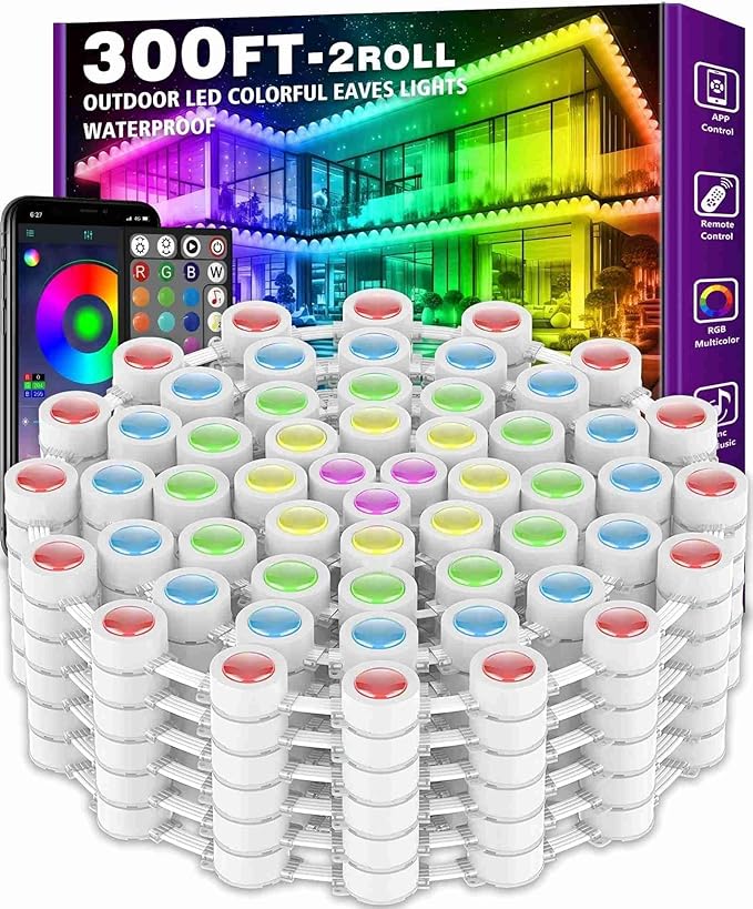 FBZ 300FT Permanent Outdoor RGB Lights - IP67 Waterproof with Smart App Control Remote,DIY Scene Modes, Music Synchronization,Eaves Lights for Garden Decor,Deck,Christmas