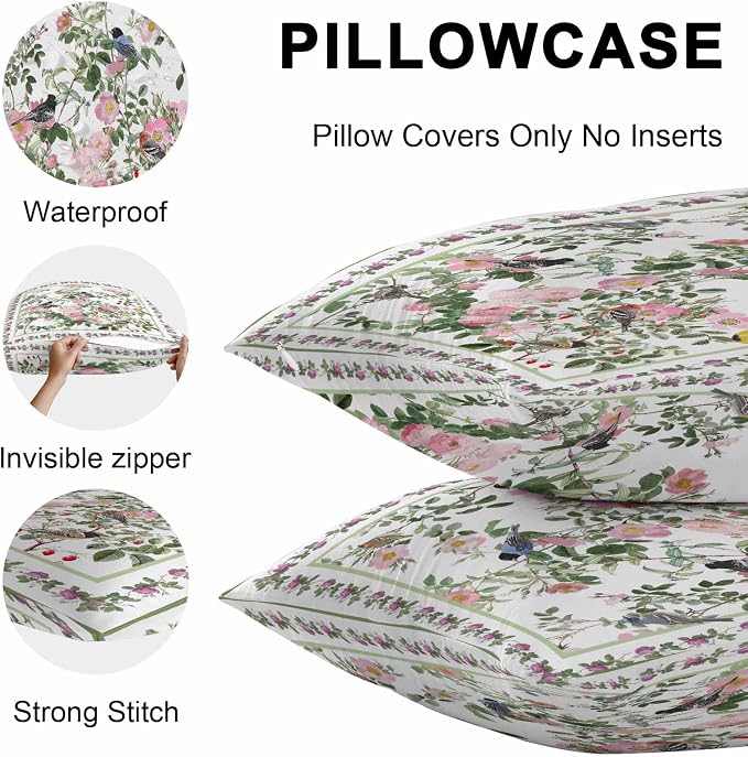 Vandarllin Outdoor Throw Pillows Covers 20x12 inch Set of 2 Waterproof Pink Floral Bird Decorative Zippered Cushion Covers for Patio Furniture, Green Leaves Branches Lumbar Pillowcases