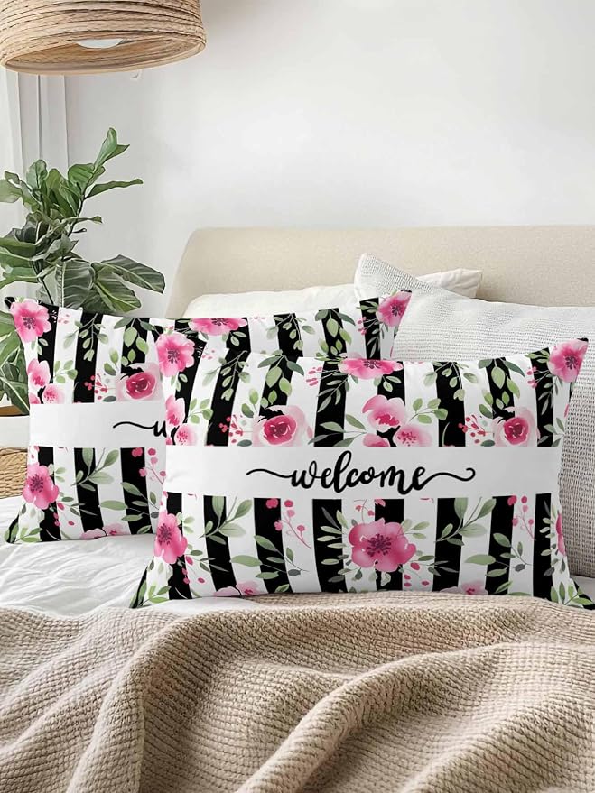 Outdoor Waterproof Throw Pillows Welcome Words Pink Flowers Patio Pillows,Decorative Pillow Covers with Insert,Pillow Cushion Case for Garden Couch Sofa Country Black Line