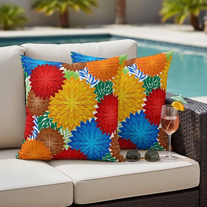 Red Yellow Blue Flowers Outdoor Pillow Covers Waterproof, All Weather Cushion Case Set of 2, Boho Colorful Floral Plant Decorative Pillowcases for Sofa Couch Bed Decor Patio Furniture 16"x16"