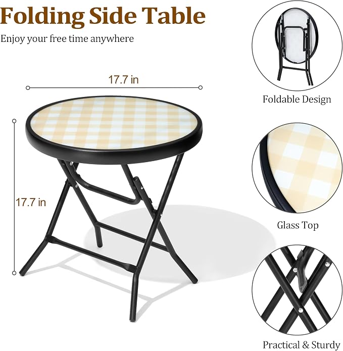 Foldable Patio Side Tables, 17.7" Small End Table Outdoor Weatherproof, Round Glass Top Outside Folding Table for Poolside, Balcony, Yard, Porch（Yellow）