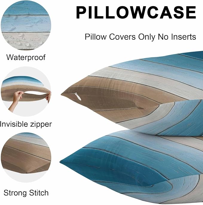 Blue Beige Brown Outdoor Pillow Covers 20x20 Inch Throw Pillow Covers Set of 2 Waterproof Decorative Pillow Cases Country Retro Gradient Wooden Grain Cushion Covers for Patio Furniture Garden Couch
