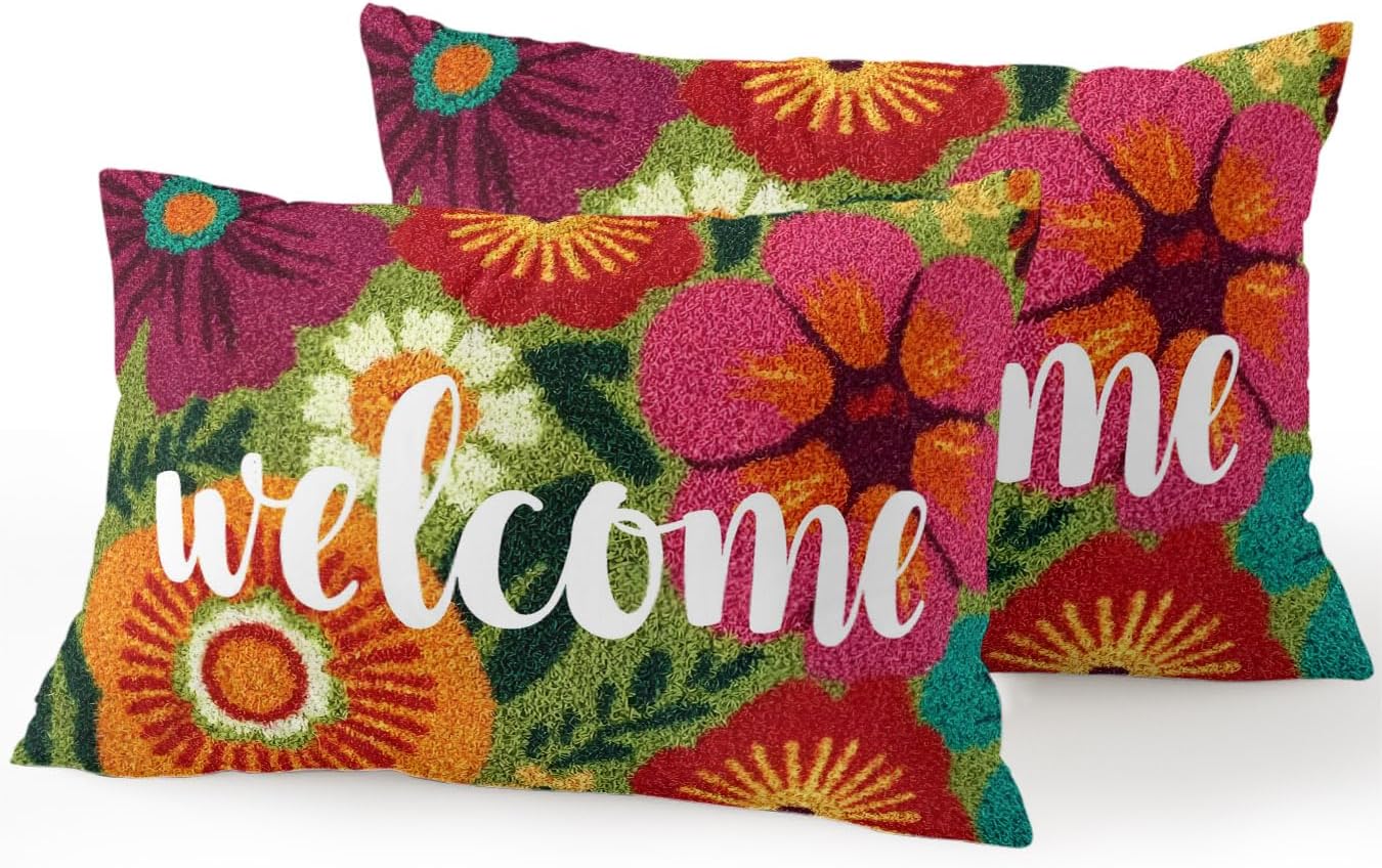 Outdoor Waterproof Throw Pillows 12x20in, Farmhouse Rustic Orange Red Floral Patio Pillows Pack of 2, Decorative Pillow Covers with Insert, Pillow Cushion Case for Garden Abstract Green Leaves