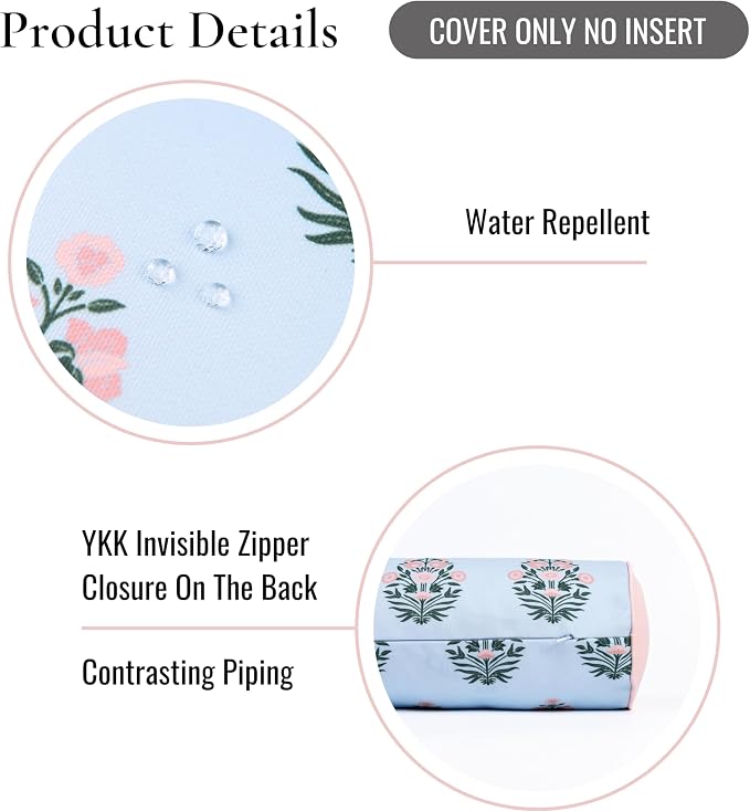 Hofdeco Premium Coastal Grandmillennial Patio Indoor Outdoor Bolster Pillow Cover Only, 6"x20" Water Repellent for Backyard, Couch, Poolside, Baby Blue Pink Print Flower
