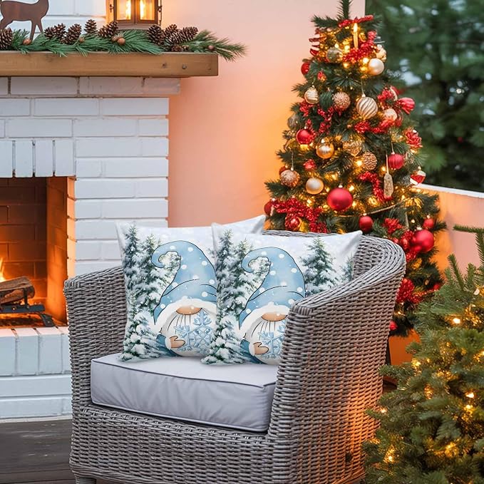 Christmas Gnome Outdoor Throw Pillow Cover Xmas Blue Snowflake Waterproof Cushion Covers 2 Pack Winter Snowy Pine Forest Pillow Cases Home Decoration for Patio Garden Couch Sofa 18x18In
