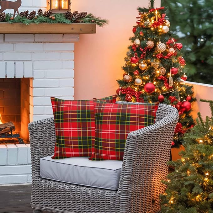 Outdoor Waterproof Throw Pillow Covers, Merry Christmas Red and Green Gingham Tartan Plaid Vintage Farmhouse Decor Pillowcases Cushion Covers Cases for Patio Couch Bench, Pack of 2 Square, 18X18 Inch