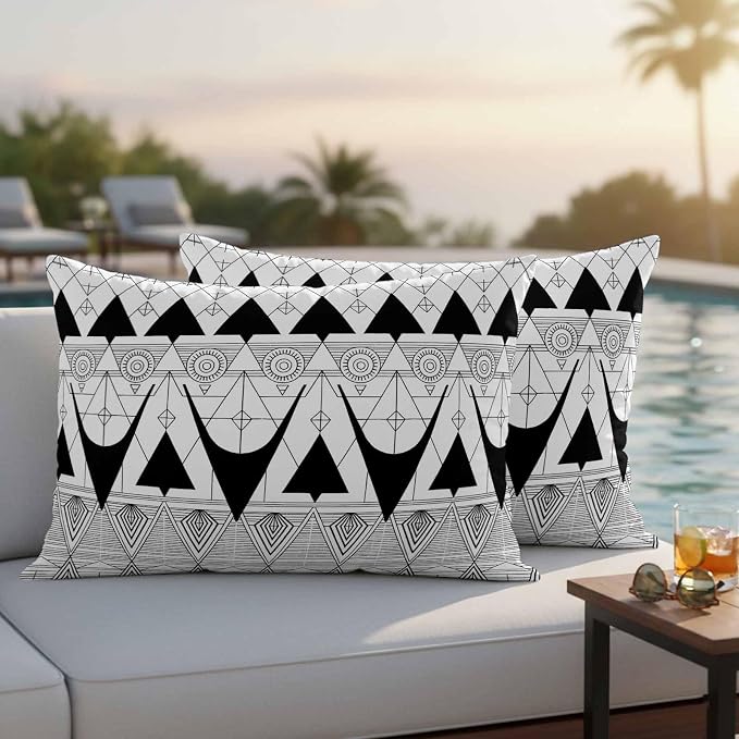 Lumbar Pillow Covers 20x12 Inch Set of 2, Black White Geometric Waterproof Outdoor Pillow Covers, Vintage Art Striped Decorative Cushion Pillowcases for Couch, Sofa, Bed, Garden, Patio