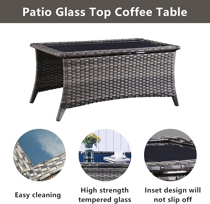 Belord Outdoor Coffee Table with Tempered Glass Top, Patio Rectangular Mixed Grey Wicker, Handwoven Rattan Coffee Table Compatible with Patio Furniture Sets for Porch Deck Backyard