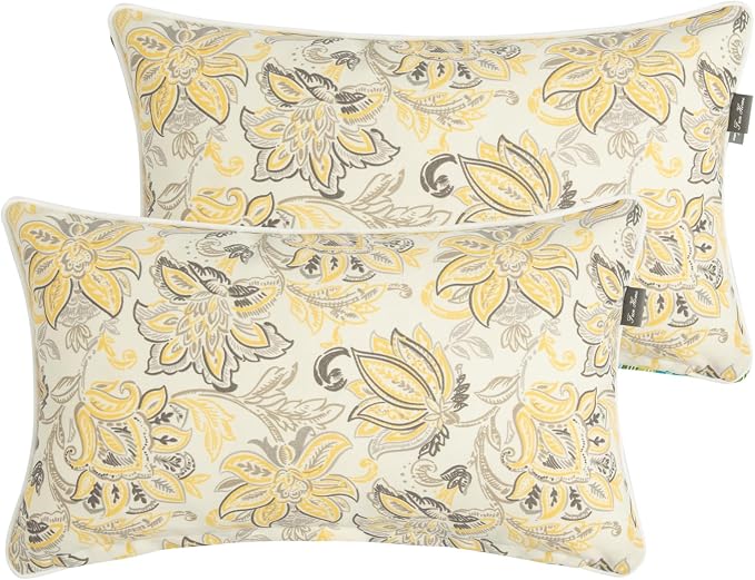 FUNHOME Outdoor Lumbar Pillows 12x20 inch,Decorative Throw Pillow Set of 2 with Insert,Water Resistant Headrests for Patio Furniture Sofa Couch Chair(Yellow Flower)