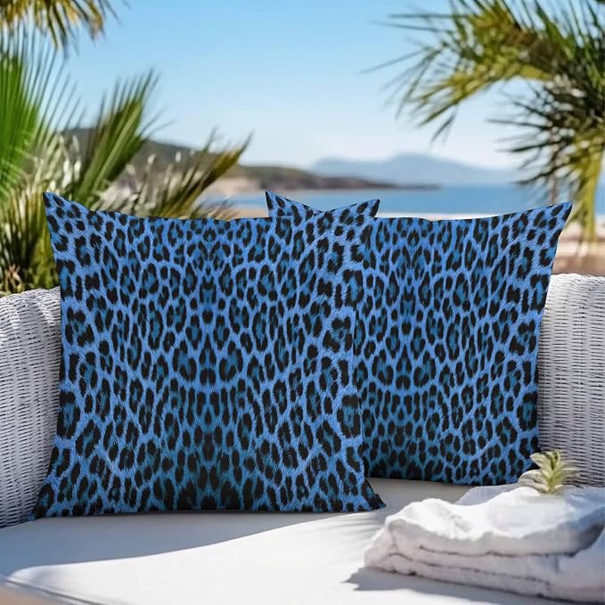 Vandarllin Outdoor Throw Pillows Covers 26x26 inch Set of 2 Waterproof Blue Leopard Print Decorative Zippered Cushion Covers for Patio Furniture, Retro Animal Fur Pattern Lumbar Pillowcases
