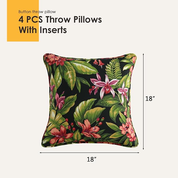 Outdoor Decorative Pillows Pack of 4, 18" x 18" Outdoor Pillow Set for Couch Bed Throw Patio Sofa, Red Flower Green Leaf