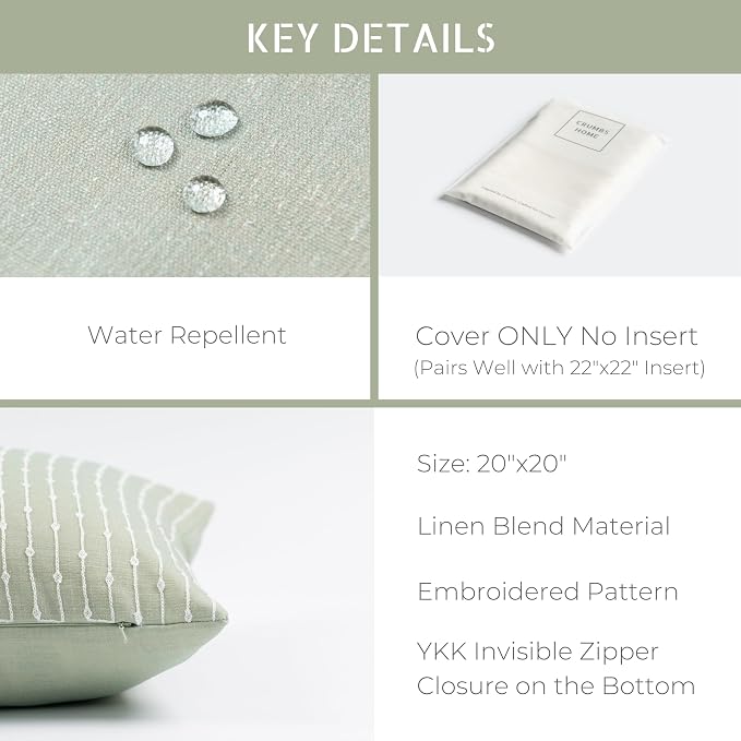 Modern Farmhouse Fall Linen Indoor Outdoor Throw Pillow Cover Only, 20"x20" Water Repellent for Patio, Backyard, Couch, Light Green Embroidered Stripes