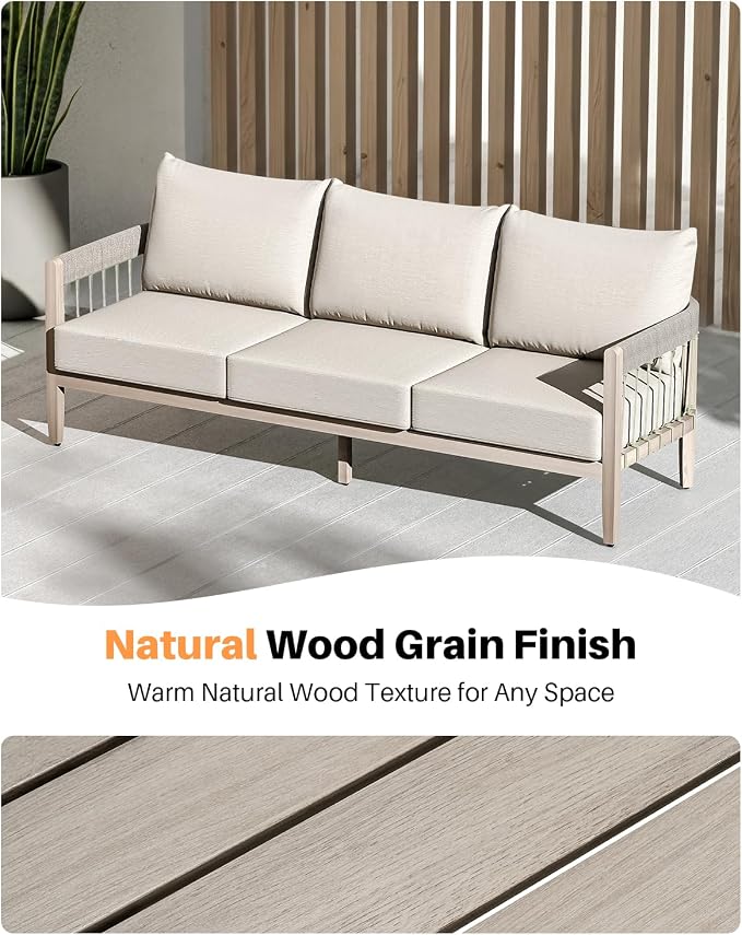 3-Seater Outdoor Aluminum Sofa, Never-Rust Patio Sofa Couch with Faux Wood Grain Finish Frame, Rope Weave Outdoor Sofa with Extra Thick Cushions, Outdoor Patio Couch for Deck, Porch, Garden
