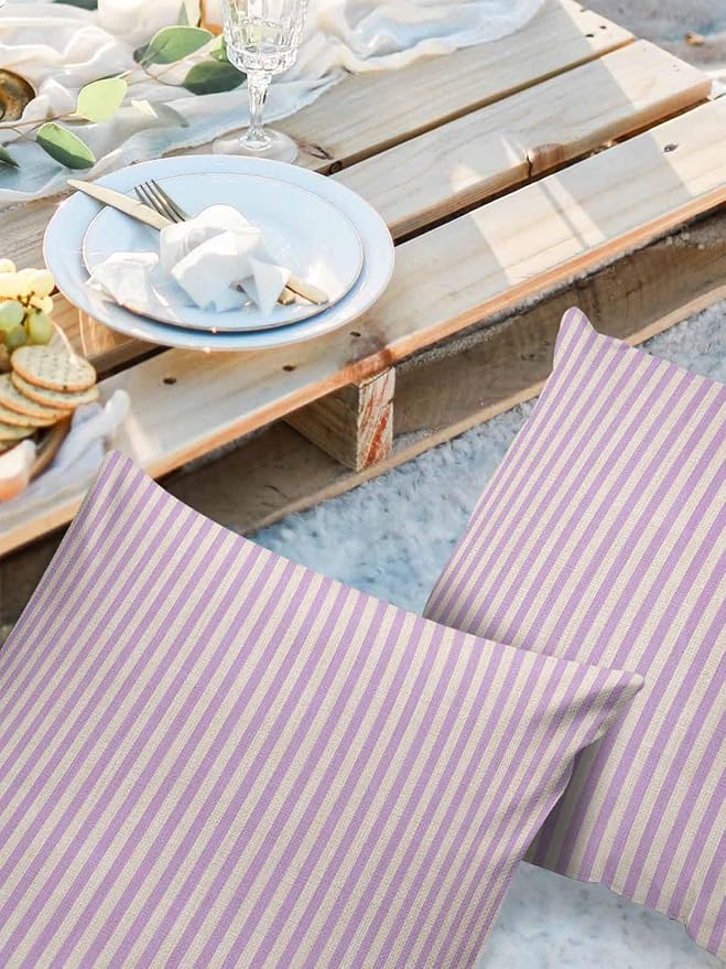 Outdoor Waterproof Throw Pillow Covers Set of 2 Purple Stripes Pillowcases 20x20 Inches Linen Classic Vertical Striped Patio Decorative Pillows Cushion Case Patio Pillows for Couch Bed Chair Garden