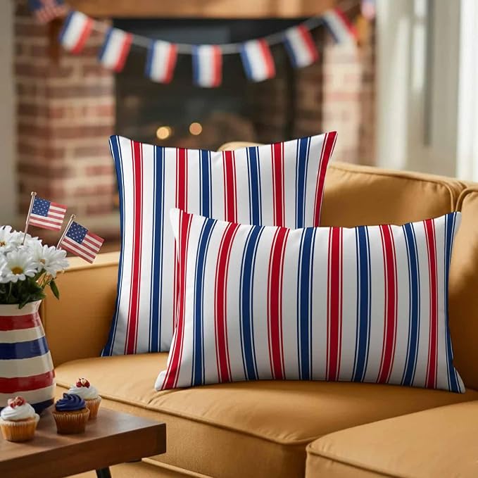 Outdoor Pillow Covers Set of 2, USA Independence Red Blue White Stripe Decor Throw Pillow Covers 20X12IN, President's Flag Day Throw Pillows Protector Cushion Case for Patio,Couch,Sofa,Garden