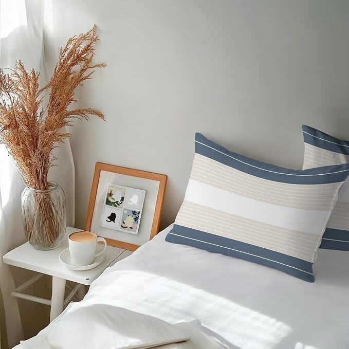 Haze Blue Beige Stripe Outdoor Pillow Covers Waterproof, All Weather Cushion Case Set of 2, Modern Art Horizontal Striped Lumbar Pillowcase for Sofa Couch Bed Decor Patio Furniture 20"x12"