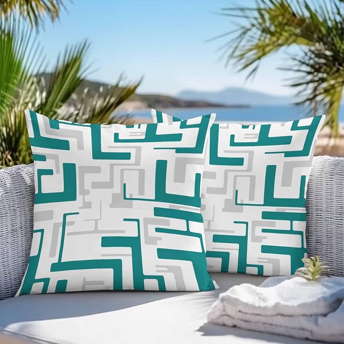 Vandarllin Outdoor Throw Pillows Covers 24x24 inch Set of 2 Waterproof Turquoise Geometric Stripes Decorative Zippered Cushion Covers for Patio Furniture, Modern Abstract Lines Lumbar Pillowcases