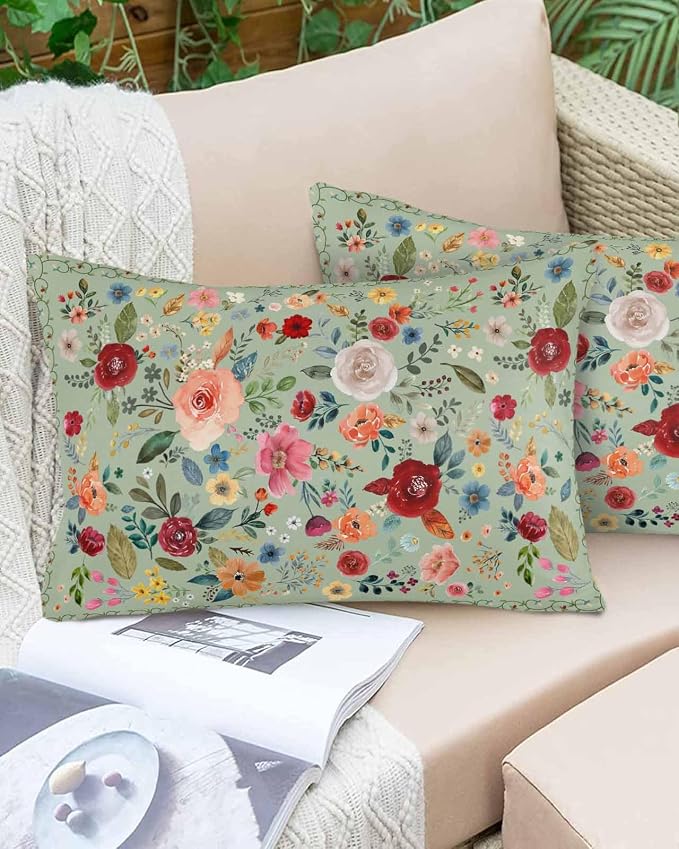 Vandarllin Outdoor Throw Pillows Covers 20x12 inch Set of 2 Waterproof Sage Green Floral Decorative Zippered Cushion Covers for Patio Furniture, Farmhouse Vintage Flower Lumbar Pillowcases
