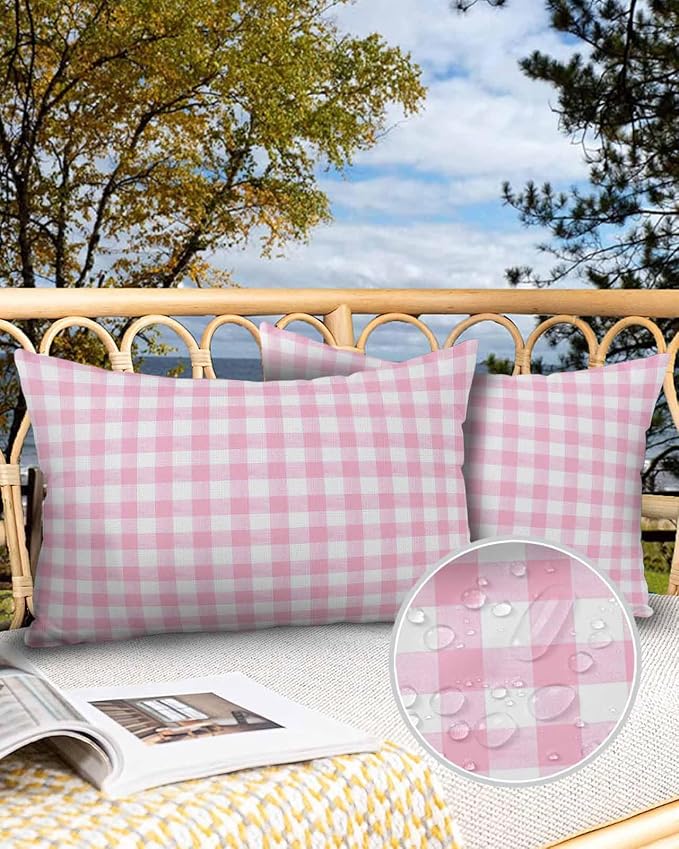 Outdoor Waterproof Throw Pillows Pink Geometric Plaid Patio Pillows Pack of 2,Decorative Pillow Covers with Insert,Pillow Cushion Case for Garden Couch Sofa Rustic Minimalist Checkered