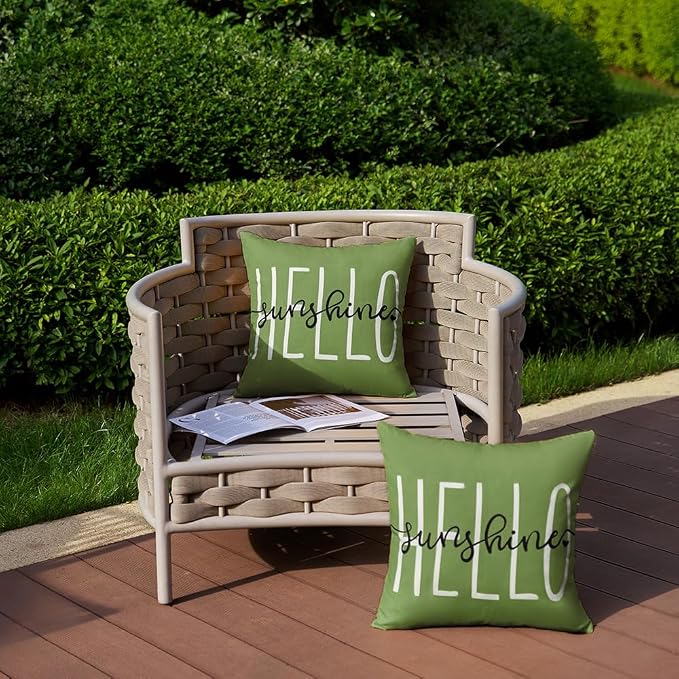 DFXSZ Olive Green Outdoor Waterproof Pillow Covers 18x18 Set of 2 | Hello Sunshine Decor Spring Summer Polyester Pillow Covers(NO INSERTS)| Decor for Patio Funiture Garden Sofa Couch