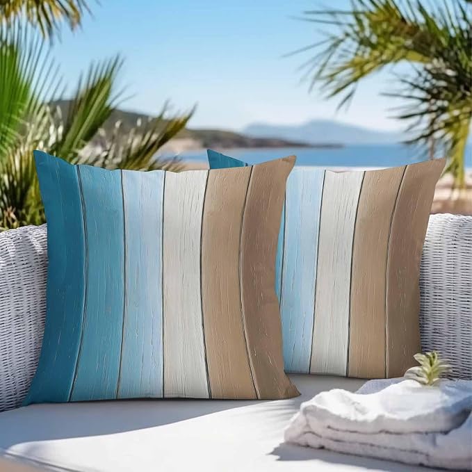 Throw Pillow Covers 26x26 Inch Set of 2, Blue Brown Ombre Waterproof Outdoor Cushion Covers, Vintage Country Wooden Decorative Pillowcases for Couch, Sofa, Bed, Garden, Patio