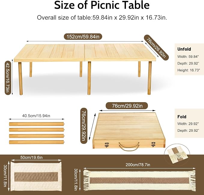 Folding Picnic Table with Table Runner & Placemat, 60 * 30in Wooden Picnic Table for Outdoors, Boho Low Coffee Table for Sitting on The Floor, for Beach, Park, Garden, Camping, Travel(Natural)