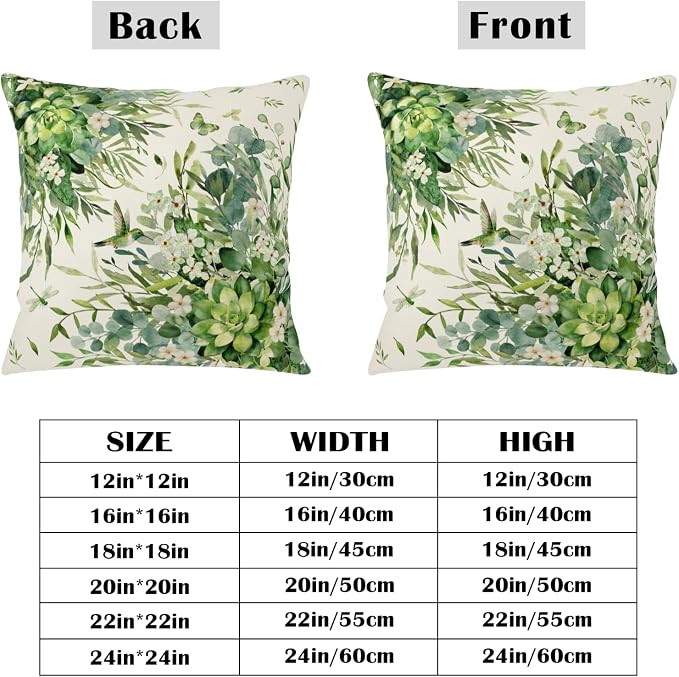 Eucalyptus Throw Pillow Covers 20x20 Watercolor Leaf Pillow Cases Greenery Sage Leaf White Floral Pillow Covers Spring Hummingbird Green Cushion Case for Bedroom Living Room 2Pcs