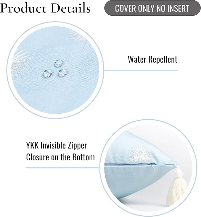 Hofdeco Premium Coastal Hampton Style Patio Indoor Outdoor Lumbar Pillow Cover Only, 12"x20" Water Resistant for Backyard, Couch, Baby Blue Embroidered Palm Leaf Tassel
