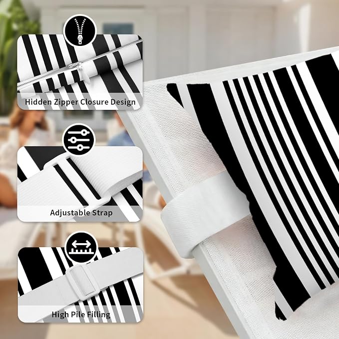 Outdoor Pillows for Lounge Chair Head Resting 2 Pack Waterproof | Headrest Lumbar Pillows with Adjustable Strap for Recliner Beach Pool Lounger Chair, Black White