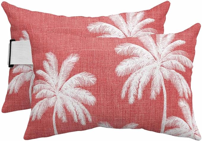 Pack of 2 Outdoor Lumbar Pillow Covers 11x16 Inch, Coral Red Palm Trees Waterproof Throw Pillow Covers Set, Farmhouse Tropical Summer Beach Indoor&Outdoor Decorative Cushion Cases for Patio Porch Car