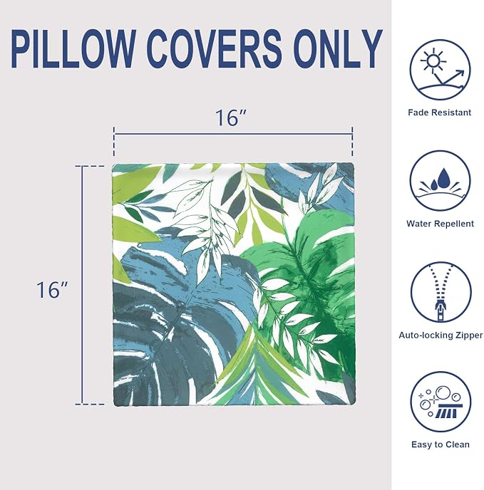 Outdoor 16x16 Inch Throw Pillow Covers Set of 2, All Weather Square Pillow Cases, Covers ONLY Patio Cushion Pillow of Home Furniture Use, Islamorada Blue Green