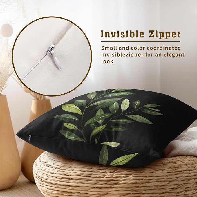 Green Leaf Pillow Covers 22x22 Inch, Set of 2 Black Spring Plants Leaves Rustic Seasonal Cotton Square Pillowcases for Sofa Couch Bedroom Living Room Car Home Decor