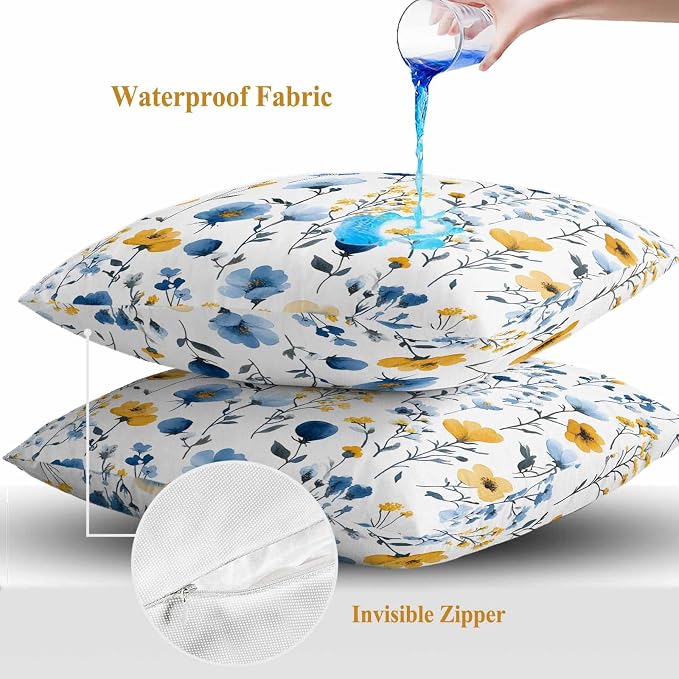 Watercolor Blue Outdoor Waterproof Throw Pillow Covers Set of 2, 18"x18", and Yellow Flower Leaves Spring Plant Decorative Pillow Covers Outside Cushion Case for Patio Porch Garden