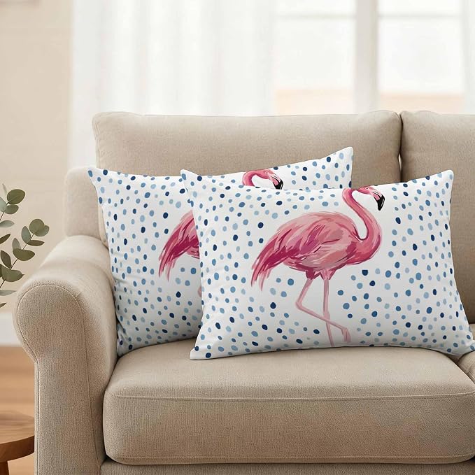 Flamingo Outdoor Waterproof Throw Pillow Covers 20 x 12 Inches Set of 2 Art Flamingo Blue Polka Dots Summer Tropical Decorative Cushion Cover Pillowcase for Garden Patio Tent Beach Sofa Couch