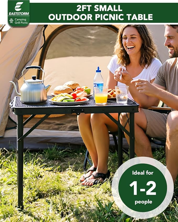 2Ft Small Folding Table with Carry Handle, Camping Table Adjustable Height 10.6–22 in, Black Metal Mesh, Portable & Compact for Outdoor/Indoor,Grill Table, 23.6×15.8 in, 4 lb, 66 lb Capacity