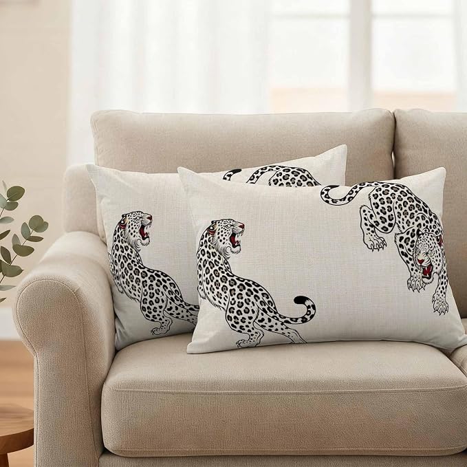 Vandarllin Outdoor Throw Pillows Covers 20x12 inch Set of 2 Waterproof Linen Leopard Decorative Zippered Cushion Covers for Patio Furniture, Bohemian Animal Print Lumbar Pillowcases