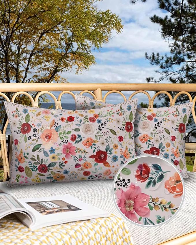 Outdoor Waterproof Throw Pillows Watercolor Leaf Colorful Bloom Floral Patio Pillows,Decorative Pillow Covers with Insert,Pillow Cushion Case for Garden Couch Sofa Vintage Country on Pink