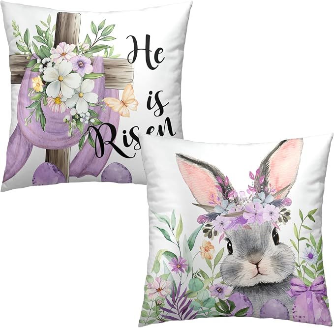 Easter Pillow Cases He is Risen Throw Pillow Covers Eggs Rabbit Bunny Pillow Covers 20x20 Set of 2 Purple Spring Decorative Pillowcases for Holiday Festivals Home Outdoor Decor