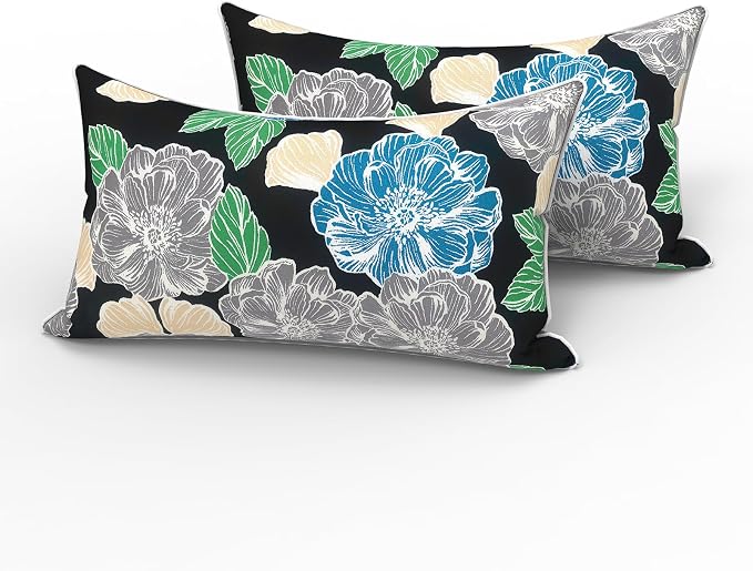 LVTXIII 2 Pack Outdoor Lumbar Pillows 12x20 Inch with White Piping, Fade Resistant Support Throw Pillows with Inserts for Patio Furniture, Sofa, Chair, Sketch Peony
