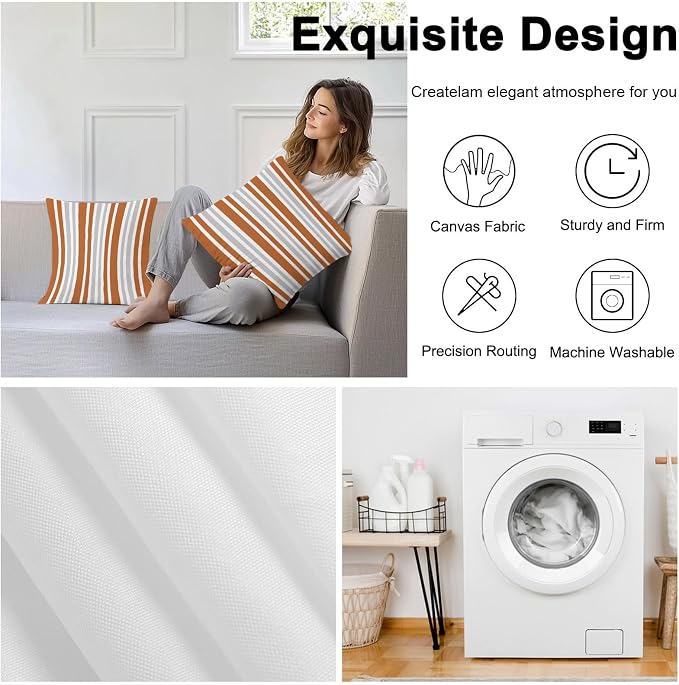 Burnt Orange Grey Stripe Outdoor Pillow Covers 18x18 Inch Throw Pillow Covers Set of 2 Waterproof Decorative Pillow Cases Farmhouse Minimalist Striped Cushion Covers for Patio Furniture Garden Couch