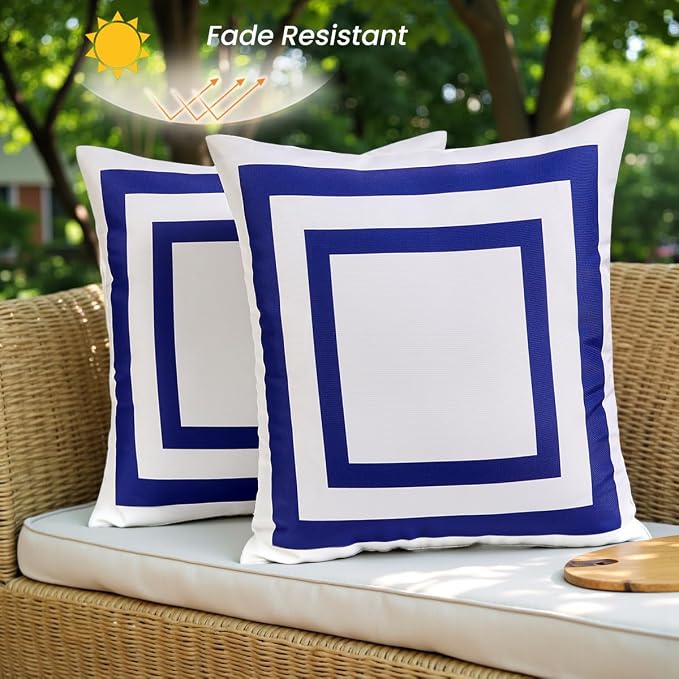 JOJOGOGO 18x18 Navy Blue Frame Outdoor Throw Pillow Covers Waterproof & Sunproof Set of 2, White and Navy Outdoor Decorative Throw Pillows for Patio Furniture Couch and Porch Decor(Without Inserts)