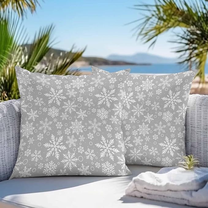 Outdoor Waterproof Throw Pillow Covers, Merry Christmas and Happy New Year Winter Snowfalke Geometric Pattern Gray Pillowcases Cushion Covers Cases for Patio Couch Bench, Pack of 2 Square, 20X20 Inch