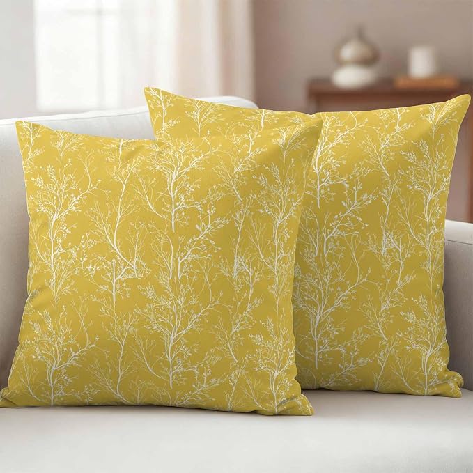 Yellow Branches Waterproof Outdoor Pillow Covers Set of 2 Home Decor, Abstract Art Leaves Plant Pillowcase Patio Pillow Covers for Couch Bench Patio Furniture Garden 18x18in
