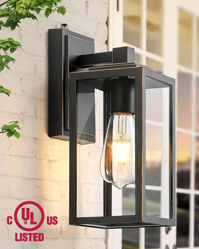 VIANIS 2 Packs Black Gold Outdoor Lights, Anti-Rust Porch Light Wall Mount, Waterproof Garage Light Lantern with Clear Glass, UL Listed Black Lights Sconce for House, Patio, Front Door